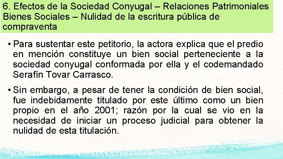 6. Efectos de la Sociedad Conyugal – Relaciones Patrimoniales Bienes Sociales – Nulidad de