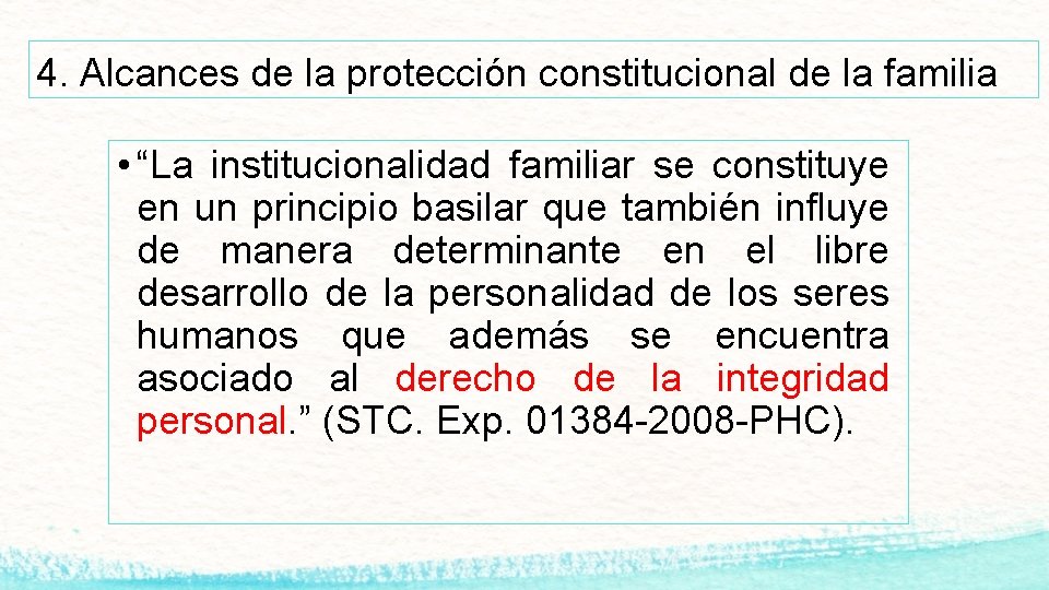 4. Alcances de la protección constitucional de la familia • “La institucionalidad familiar se