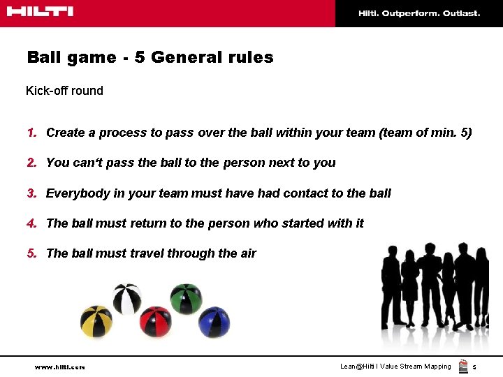 Ball game - 5 General rules Kick-off round 1. Create a process to pass