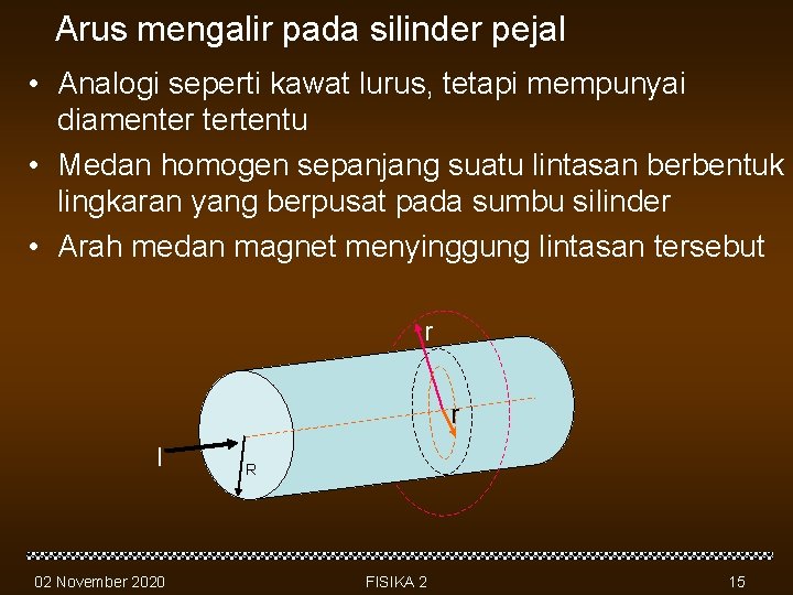 Arus mengalir pada silinder pejal • Analogi seperti kawat lurus, tetapi mempunyai diamenter tertentu