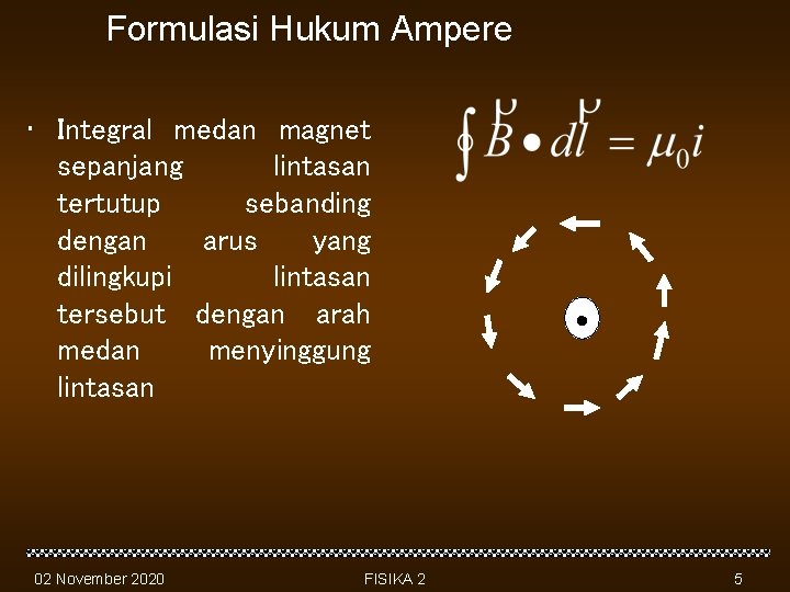 Formulasi Hukum Ampere • Integral medan magnet sepanjang lintasan tertutup sebanding dengan arus yang