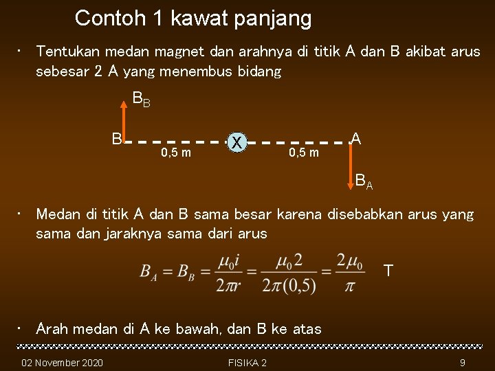 Contoh 1 kawat panjang • Tentukan medan magnet dan arahnya di titik A dan