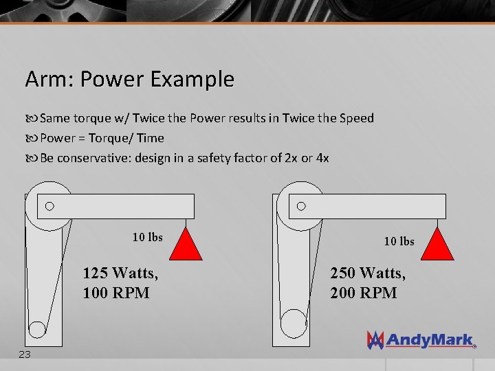 Arm: Power Example Same torque w/ Twice the Power results in Twice the Speed