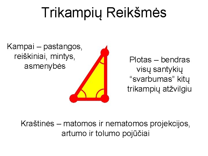 Trikampių Reikšmės Kampai – pastangos, reiškiniai, mintys, asmenybės Plotas – bendras visų santykių “svarbumas”