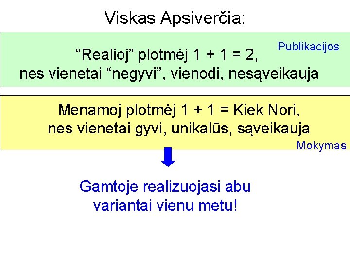 Viskas Apsiverčia: Publikacijos “Realioj” plotmėj 1 + 1 = 2, nes vienetai “negyvi”, vienodi,