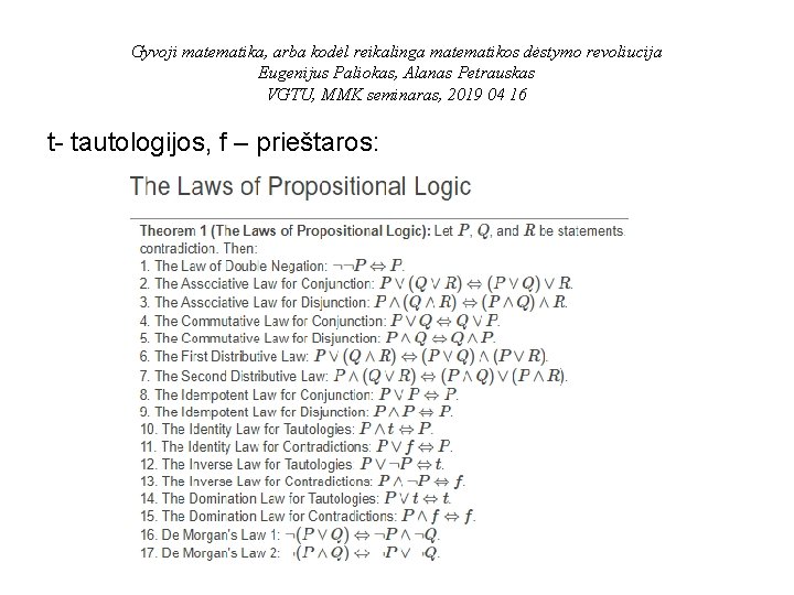 Gyvoji matematika, arba kodėl reikalinga matematikos dėstymo revoliucija Eugenijus Paliokas, Alanas Petrauskas VGTU, MMK