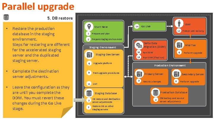 Parallel upgrade 5. DB restore • • • Restore the production database in the Parallel upgrade 5. DB restore • • • Restore the production database in the