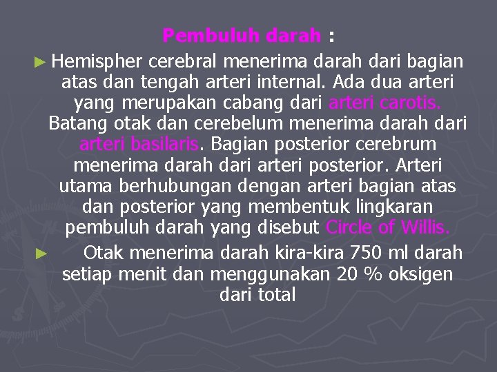 Pembuluh darah : ► Hemispher cerebral menerima darah dari bagian atas dan tengah arteri