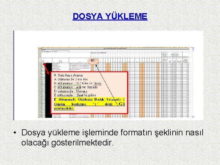 DOSYA YÜKLEME • Dosya yükleme işleminde formatın şeklinin nasıl olacağı gösterilmektedir. 