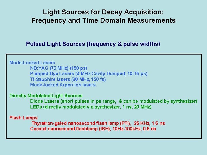 Light Sources for Decay Acquisition: Frequency and Time Domain Measurements Pulsed Light Sources (frequency