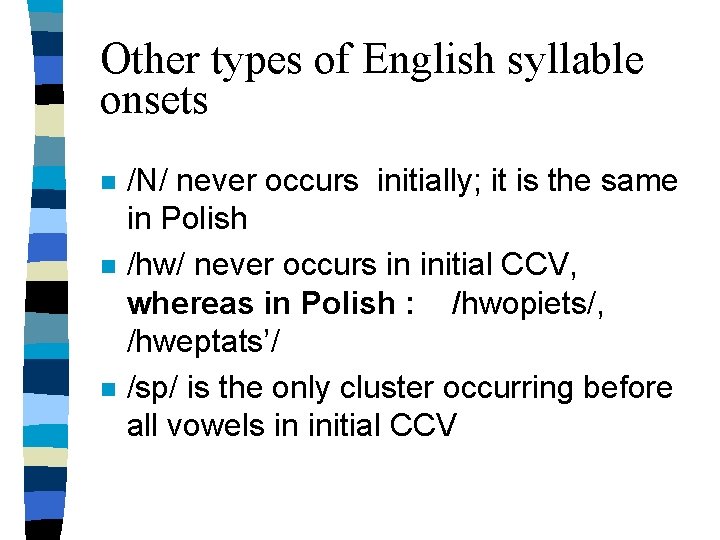 Other types of English syllable onsets n n n /N/ never occurs initially; it