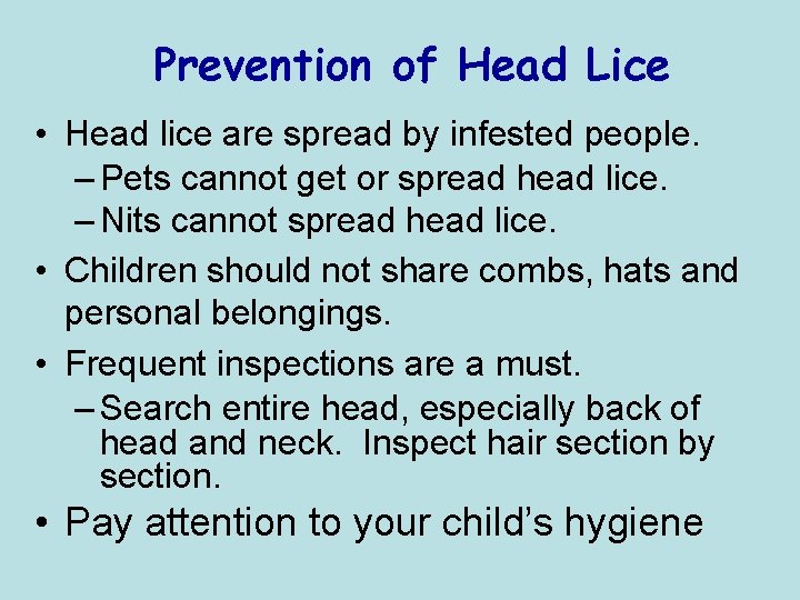 Prevention of Head Lice • Head lice are spread by infested people. – Pets
