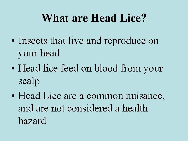 What are Head Lice? • Insects that live and reproduce on your head •