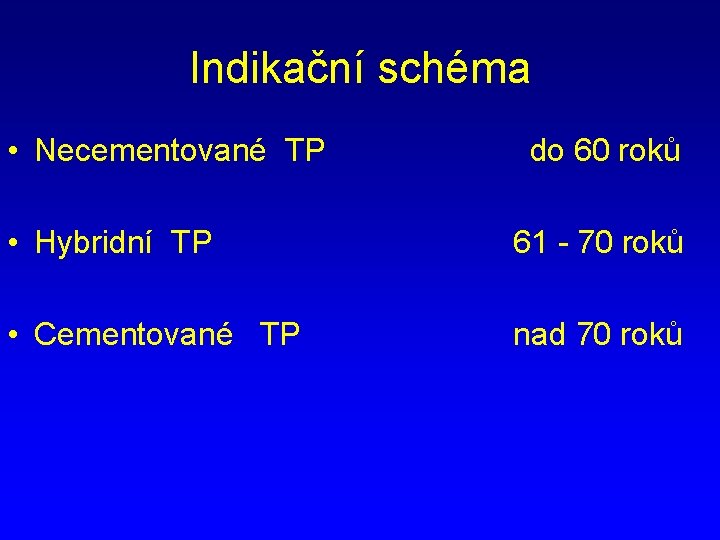 Indikační schéma • Necementované TP do 60 roků • Hybridní TP 61 - 70