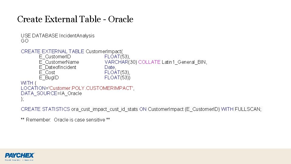 Create External Table - Oracle USE DATABASE Incident. Analysis GO CREATE EXTERNAL TABLE Customer. Create External Table - Oracle USE DATABASE Incident. Analysis GO CREATE EXTERNAL TABLE Customer.