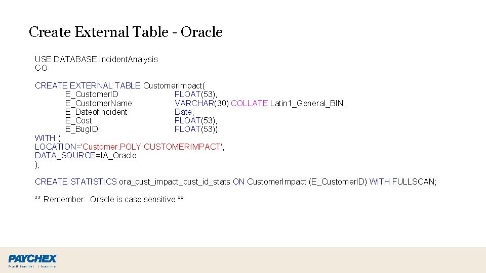 Create External Table - Oracle USE DATABASE Incident. Analysis GO CREATE EXTERNAL TABLE Customer.