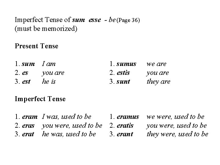 Imperfect Tense of sum esse - be (Page 36) (must be memorized) Present Tense