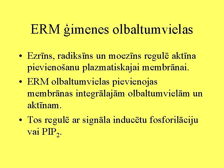 ERM ģimenes olbaltumvielas • Ezrīns, radiksīns un moezīns regulē aktīna pievienošanu plazmatiskajai membrānai. •