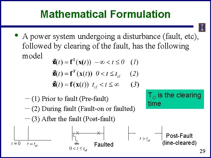 Mathematical Formulation • A power system undergoing a disturbance (fault, etc), followed by clearing