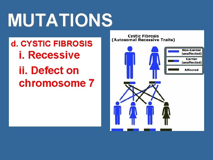 MUTATIONS d. CYSTIC FIBROSIS i. Recessive ii. Defect on chromosome 7 