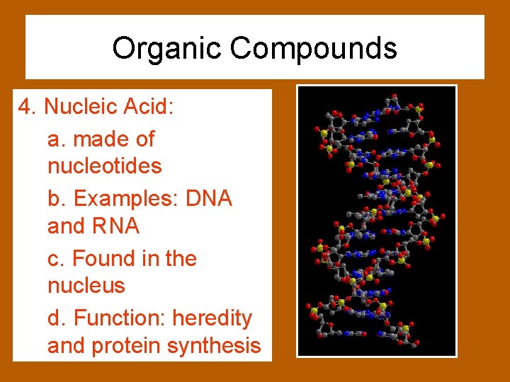 Organic Compounds 4. Nucleic Acid: a. made of nucleotides b. Examples: DNA and RNA