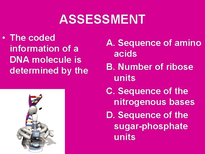 ASSESSMENT • The coded information of a DNA molecule is determined by the A.