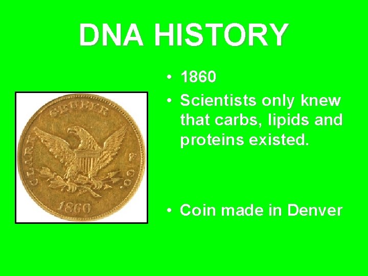 DNA HISTORY • 1860 • Scientists only knew that carbs, lipids and proteins existed.