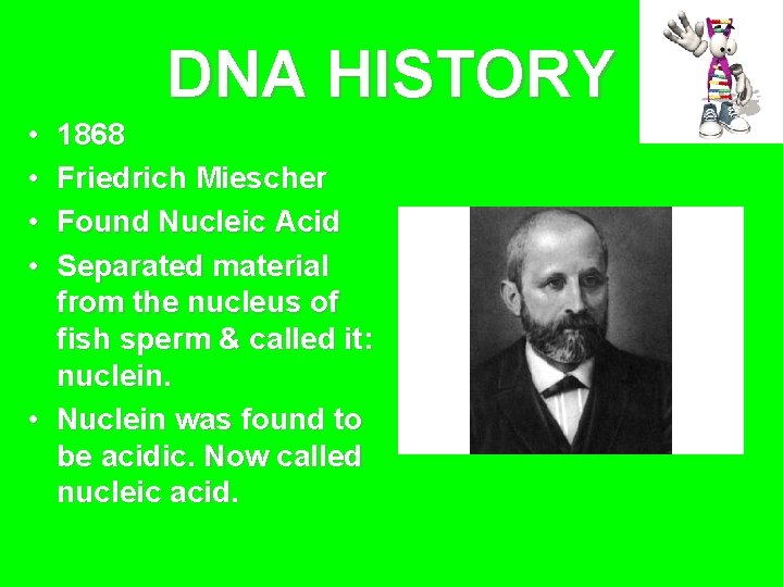 DNA HISTORY • • 1868 Friedrich Miescher Found Nucleic Acid Separated material from the