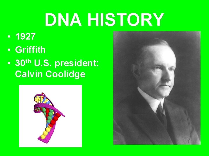 DNA HISTORY • • • 1927 Griffith 30 th U. S. president: Calvin Coolidge