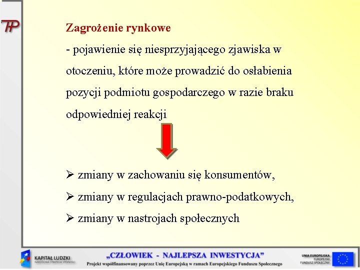 Zagrożenie rynkowe - pojawienie się niesprzyjającego zjawiska w otoczeniu, które może prowadzić do osłabienia