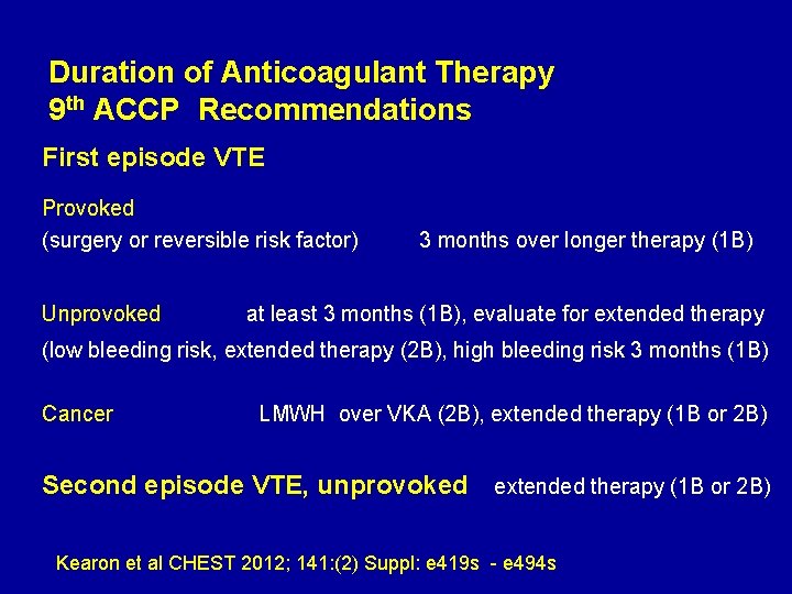 Duration of Anticoagulant Therapy 9 th ACCP Recommendations First episode VTE Provoked (surgery or