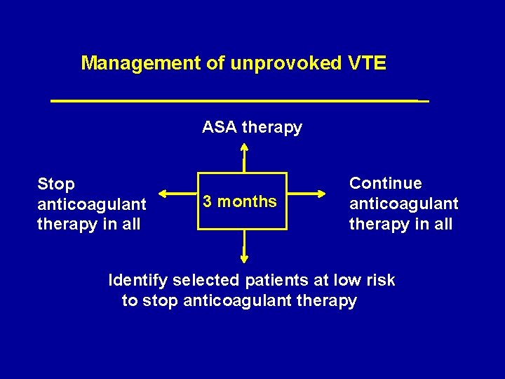 Management of unprovoked VTE ASA therapy Stop anticoagulant therapy in all 3 months Continue