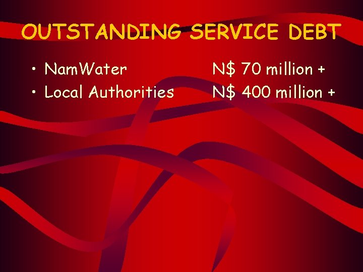 OUTSTANDING SERVICE DEBT • Nam. Water • Local Authorities N$ 70 million + N$