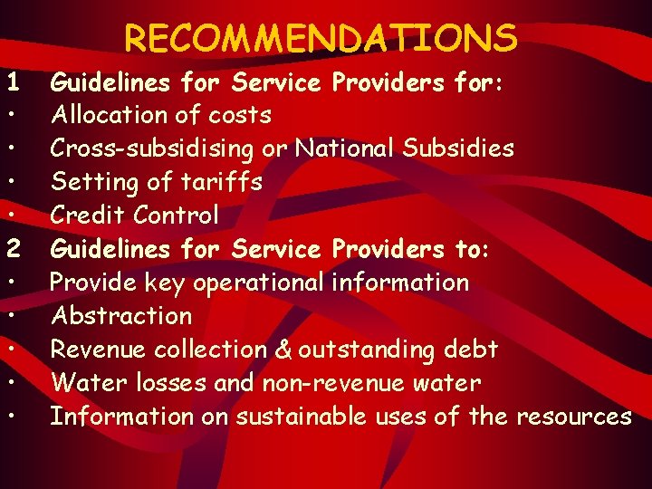 RECOMMENDATIONS 1 • • 2 • • • Guidelines for Service Providers for: Allocation