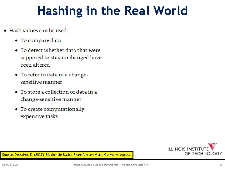 Hashing in the Real World Source: Drescher, D. (2017). Blockchain Basics. Frankfort am Main,