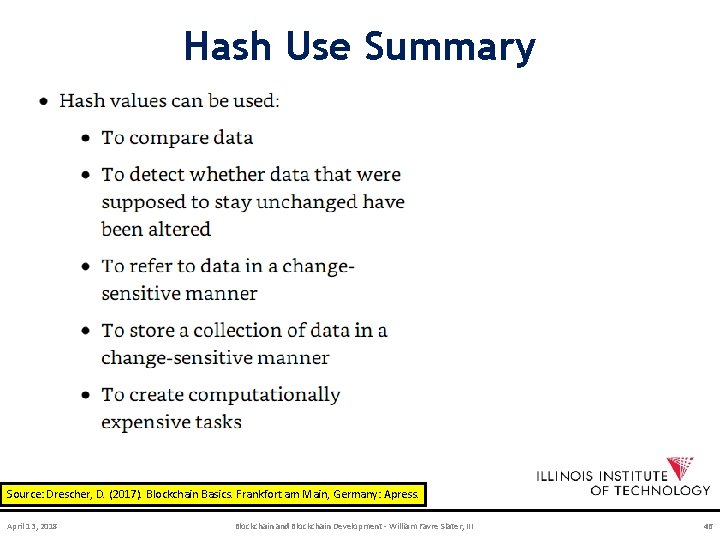 Hash Use Summary Source: Drescher, D. (2017). Blockchain Basics. Frankfort am Main, Germany: Apress.