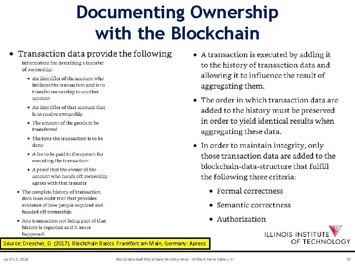 Documenting Ownership with the Blockchain Source: Drescher, D. (2017). Blockchain Basics. Frankfort am Main,