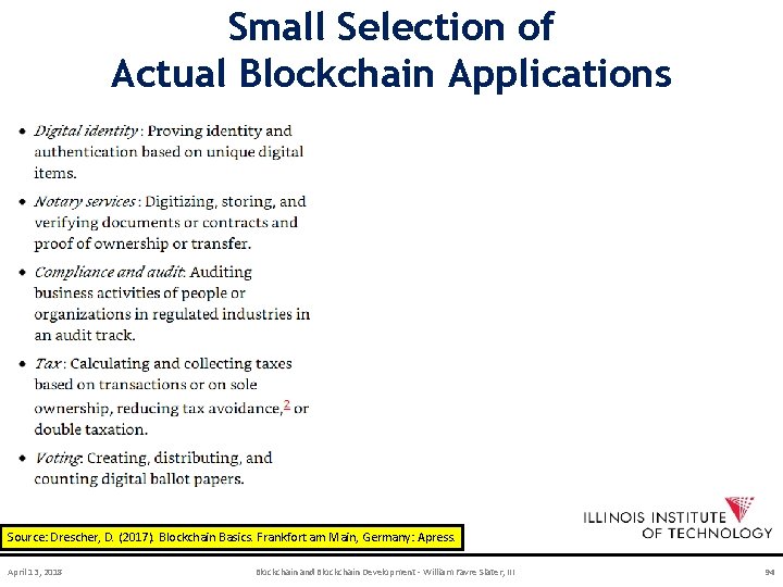 Small Selection of Actual Blockchain Applications Source: Drescher, D. (2017). Blockchain Basics. Frankfort am