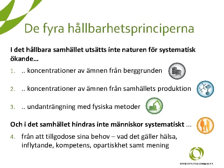 De fyra hållbarhetsprinciperna I det hållbara samhället utsätts inte naturen för systematisk ökande… 1. De fyra hållbarhetsprinciperna I det hållbara samhället utsätts inte naturen för systematisk ökande… 1.