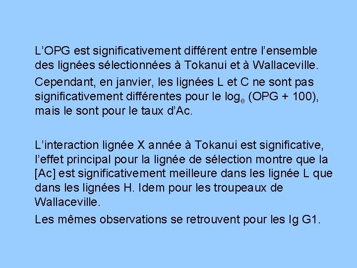 L’OPG est significativement différent entre l’ensemble des lignées sélectionnées à Tokanui et à Wallaceville.