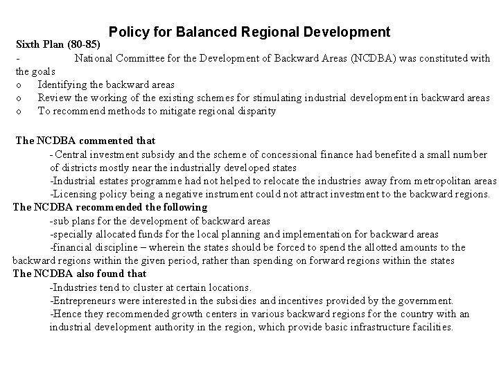 Policy for Balanced Regional Development Sixth Plan (80 -85) - National Committee for the