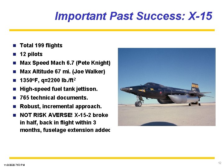 Important Past Success: X-15 n Total 199 flights n 12 pilots n Max Speed