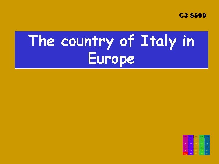 C 3 $500 The country of Italy in Europe 