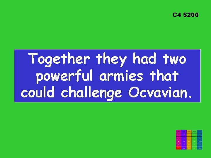 C 4 $200 Together they had two powerful armies that could challenge Ocvavian. 