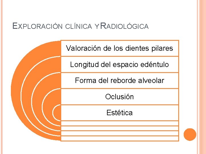 EXPLORACIÓN CLÍNICA Y RADIOLÓGICA Valoración de los dientes pilares Longitud del espacio edéntulo Forma