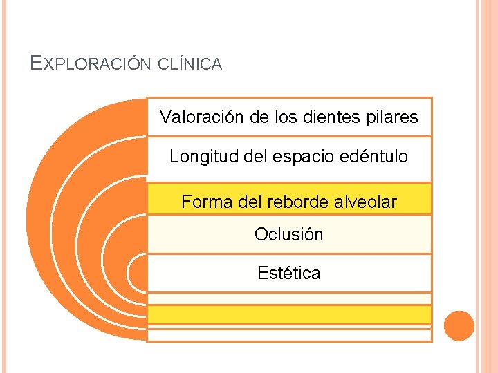 EXPLORACIÓN CLÍNICA Valoración de los dientes pilares Longitud del espacio edéntulo Forma del reborde