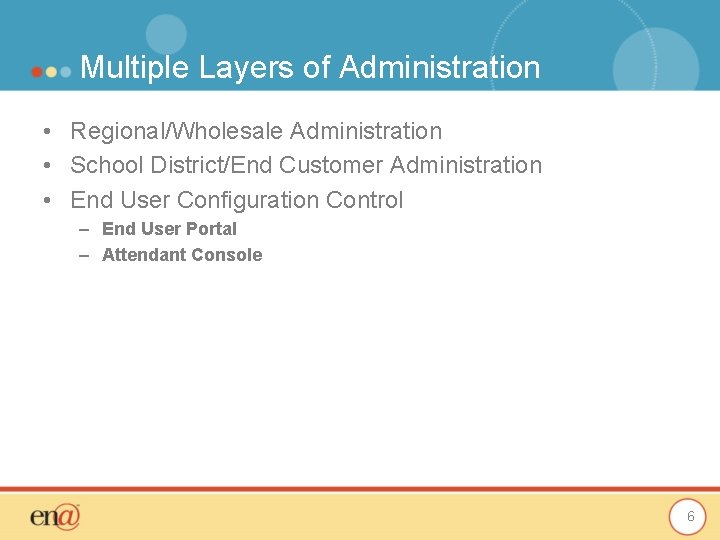 Multiple Layers of Administration • Regional/Wholesale Administration • School District/End Customer Administration • End