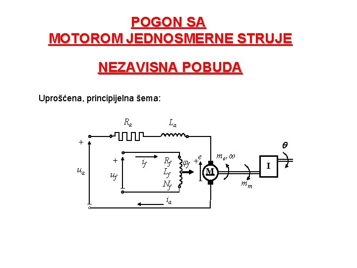 POGON SA MOTOROM JEDNOSMERNE STRUJE NEZAVISNA POBUDA Uprošćena, principijelna šema: Ra La + uf