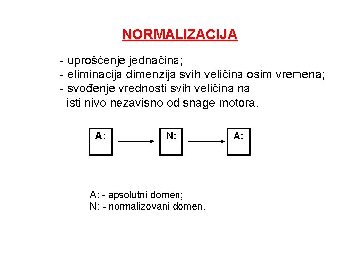 NORMALIZACIJA - uprošćenje jednačina; - eliminacija dimenzija svih veličina osim vremena; - svođenje vrednosti