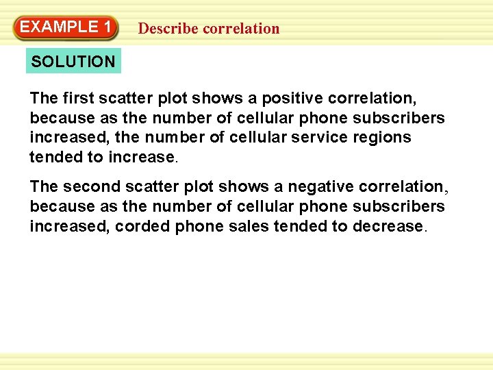 EXAMPLE 1 Describe correlation SOLUTION The first scatter plot shows a positive correlation, because